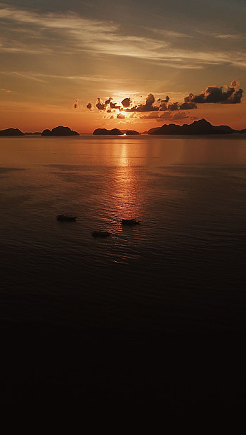 Sunset, Sea, Twilight, Boats, View From Above, Dark, Dusk HD phone wallpaper