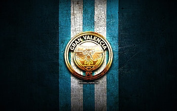 Gran Valencia FC, golden logo, La Liga FutVe, blue metal background, football, Venezuelan football club, Gran Valencia FC logo, soccer, Venezuelan Primera Division, FC Gran Valencia HD wallpaper