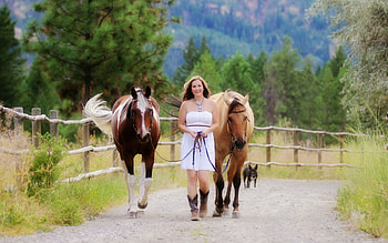 Out For A Walk, dirt, dog, cowgirl, jewelry, dress, dirt road, lady, horses, fence, trees, road, female, brunette, girl, grass, woman, boots HD wallpaper