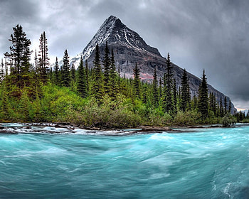 Mount Robson Canada, river, rapids, mountain, rock, clouds, trees, sky, water, forest HD wallpaper