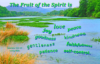 The Fruit of the Spirit, river, hills, plants, trees, Bible, water HD wallpaper