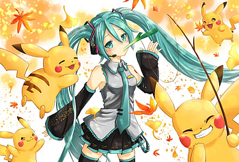 Hatsune Miku, blue, vocaloud, a karin, girl, pikachu, anime, yellow, manga, pokemon HD wallpaper