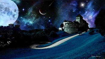 Castle Spacescape, moon, scenic, landscape, space, stars, castle HD wallpaper