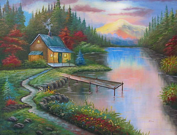 A River In The Evening, river, change, colour, cabin, trail, reflection, trees, flowers, dock, sunset HD wallpaper