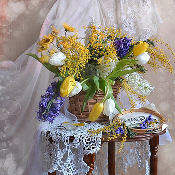 Spring flowers, Hyacinth, Mimosa, Tulips, Spring, Basket HD wallpaper