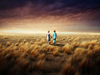 Big world, boy, field, clouds, girl, country, friends, walk HD wallpaper