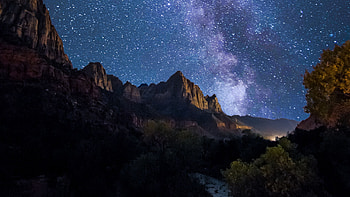Rocks Trees Bushes Slope Milky Way Starry Sky During Nighttime Dark Background HD wallpaper