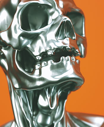 Futuristic silver skull sculpture against a vibrant orange backdrop, showcasing contemporary design. HD phone wallpaper