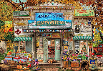 General Store, leaves, fall, trees, autumn, pumpkin, fruits, flowers, cabin, painting HD wallpaper