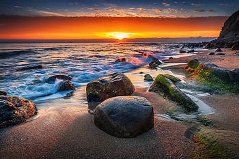 Coast, rocks, sunset, sea, sea waves HD wallpaper