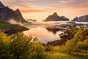 Norway Scenery Mountains Reine Fog Sun Bay , mountains, reflection, lake, nature HD wallpaper