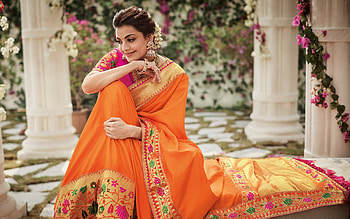 Kajal Agarwal, Indian Actress, Orange Saree, hoot, Indian Fashion Model, Indian Star, Bollywood HD wallpaper
