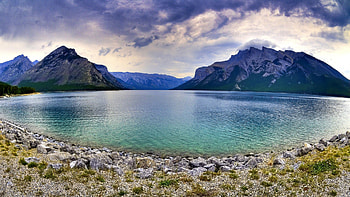 glorious lakescape, clouds, shore, mountains, lake HD wallpaper