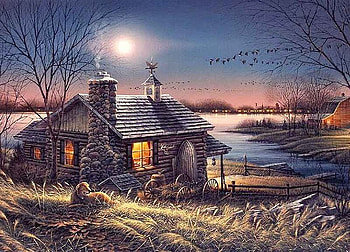 Evening view, painting, moon, art, house, sky HD wallpaper