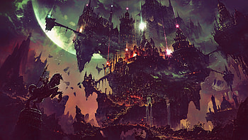 Fantasy, flying city, dark, art HD wallpaper