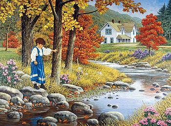 Autumn on the Creek, boy, trees, autumn, water, stones HD wallpaper