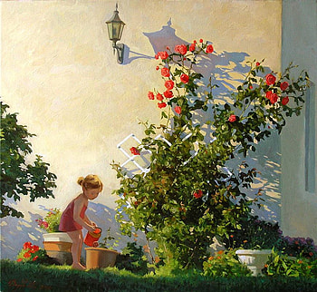 water for the flowers, girl, wall, flowers, water HD wallpaper