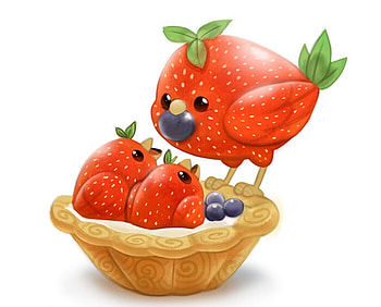 Nest tart, chicks, pasari, nest, sweet, strawberry, bird, art, tart, cute, fantasy, red, piper thibodeau HD wallpaper