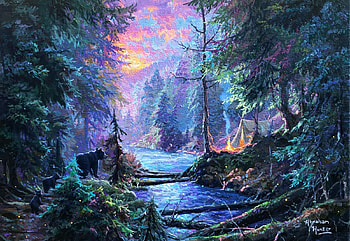 Smoky Mountain Campsite, artwork, bears, painting, trees, sky, campfire, tent, forest HD wallpaper