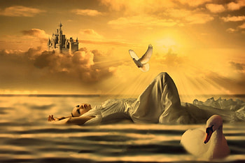 A Dream Of Fairytale Land, dove, clouds, swan, castle, woman HD wallpaper