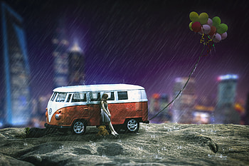 Girl Volkswagen Teddy Bear Balloon City Fantasy Artwork, teddy-bears, fantasy, artwork, digital-art, artist, volkswagen, balloon, van HD wallpaper