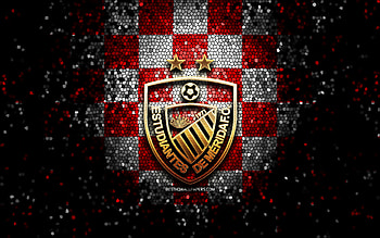 Estudiantes de Merida FC, glitter logo, La Liga FutVe, blue red checkered background, soccer, Venezuelan football club, Estudiantes de Merida logo, mosaic art, football, Venezuelan Primera Division HD wallpaper