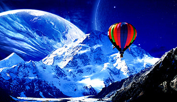 Snow, Mountain, 3D, Balloon, Winter, , , Cgi, Hot Air Balloon, Landscape, Moon, Psychedelic, Scenic, Trippy HD wallpaper