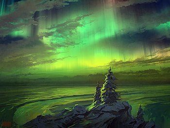 Trees, Art, Snow Covered, Snowbound, Northern Lights, Aurora Borealis HD wallpaper