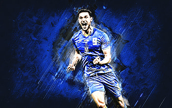 Roman Yaremchuk, Ukraine national football team, Ukrainian football player, blue stone background, football, Ukraine HD wallpaper