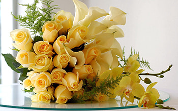 Flowers, Roses, Lilies, Beauty, Branches, Bouquet, Glass HD wallpaper