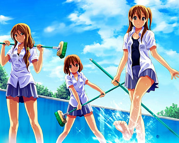 Pool Cleaning, cleaning, hirasawa, brush, yui, uniform, cute, school uniform, long hair, nice, k on, wet, group, adorable, cloud, female, k-on, sweet, scene, kon, girl, kawaii, anime girl, anime, pretty, brown hair, hirasawa yui, pool, sky, lovely HD wallpaper