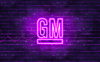 General Motors violet logo, , violet brickwall, General Motors logo, cars brands, General Motors neon logo, General Motors HD wallpaper