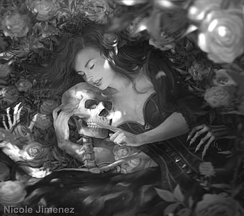 My love..., nicole jimenez, fantasy asy, white, frumusete, bones, black, bw, skull, girl, death, luminos HD wallpaper