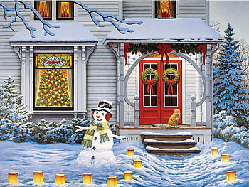 All Aglow, tree, snow, house, snowman, christmas, lights HD wallpaper