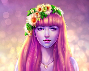 Violet dream, art, girl, beauty, amethyst eyes, pink, fantasy, portrait, flower, green, luminos, tinythanhtruc HD wallpaper