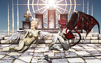 Good and Evil, wings, winged, altar, devil, angel, tail, female HD wallpaper