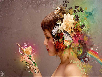 Lady of the summer, colors, floral headpiece, holding bird, flowers, variety, woman HD wallpaper