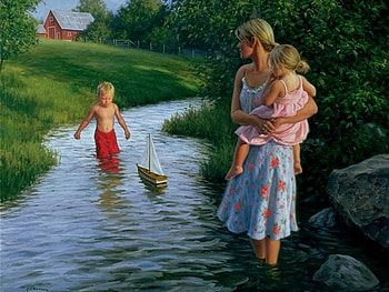 Painting by Robert Duncan, river, boat, robert duncan, children, painting, art, mother, nature HD wallpaper