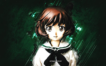 Akiyama Yukari, Girls und Panzer, Kore ga Honto no Antsio-sen desu, Japanese manga, portrait, green stone background, Akiyama Yukari characters, Girls und Panzer characters, Yukari Akiyama HD wallpaper