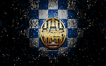 Montedio Yamagata FC, glitter logo, J2 League, blue white checkered background, soccer, japanese football club, Montedio Yamagata logo, mosaic art, football, Montedio Yamagata HD wallpaper