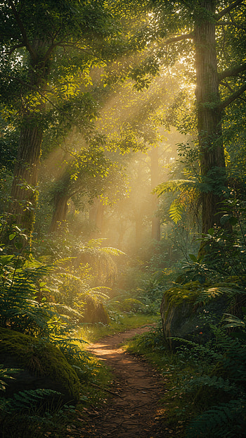 Emerald Sunrise Path | Sunlit Fern Trail | Lush Morning Walk | Verdant Glow, Forest, Sunlight HD phone wallpaper