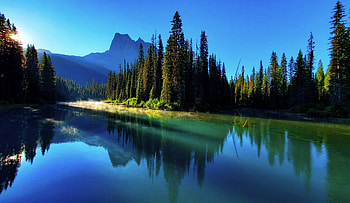 Lake, blue, natural, graphy, spruce, forests, pines, beauty, shadows, reflection, mountains, water, excellence, calm, forest HD wallpaper
