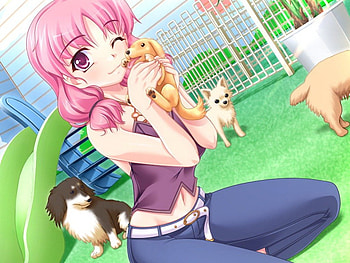 Puppy ♡ Love , animal, cute, long hair, doy, nice, pink eyes, adorable, female, sexy, sweet, hot, girl, pink hair, anime girl, puppy, anime, pretty, wink, love, lovely HD wallpaper