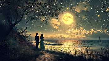 Romantic Couple in Scenic, Romantic, couple, romantic scenery, romance, moonlight HD wallpaper