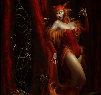 Jade Fox, sexy, hot, digital art, devil girl, fantasy, cg, red, female HD wallpaper