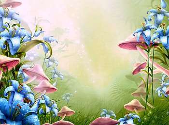 Mushrooms and Flowers, blue, pink, abstract, green, nature, flowers, cgi, mushrooms HD wallpaper