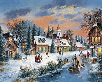 By Dennis Lewan, winter, river, painting, dennis lewan, art, snow, cottage, ice HD wallpaper