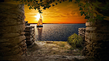 Sunset Sailing, veranda, stones, coast, sea, colors, sky HD wallpaper
