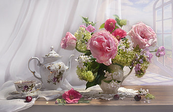 Pink Bouquet, Cherry, Roses, Tea, Cup, Flowers, Autumn HD wallpaper