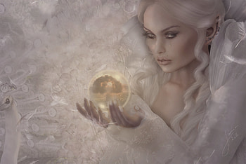 Tears, golden, white, rendering, frumusete, girl, goddess, beauty, hand, tree, fantasy, ball, luminos HD wallpaper